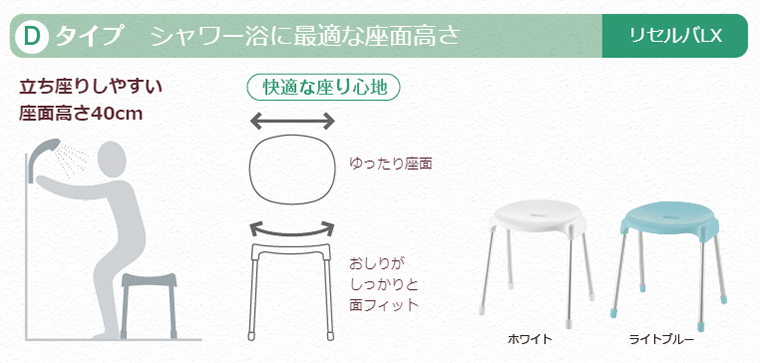 Dタイプ　シャワー浴に最適な座面高さ　リセルバLX