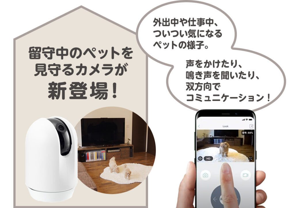 見守りカメラ LOOK スマートフォン画面　留守中のペットを見守るカメラが新登場！　外出中や仕事中、ついつい気になるペットの様子。声をかけたり、鳴き声を聞いたり、双方向でコミュニケーション！