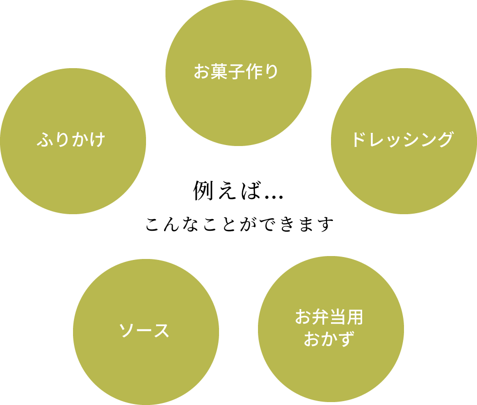 例えば...こんなことができます お菓子作り ドレッシング お弁当用おかず ソース ふりかけ